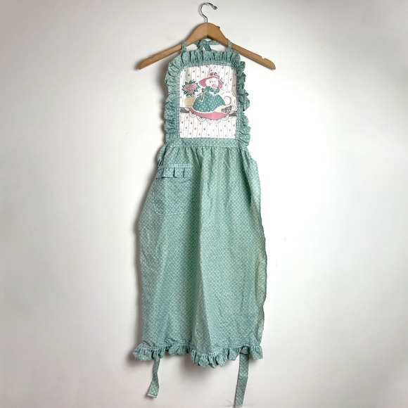 CANNON Other - Vintage Cat Cottagecore Floral Ruffle Apron Teal Green Calico 80s Grandmacore